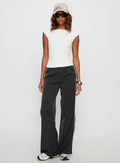 front view of model wearing Princess Polly Knowla Pleated Trouser Pant Grey Pinstripe Mid Rise Pants 