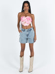 front view of model wearing Princess Polly Lou Carpenter Denim Shorts Light Wash Lower Impact High Waisted Shorts 