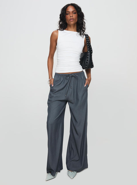 front view of model wearing Princess Polly Tallilah Pants Dark Chambray High Waisted Pants 