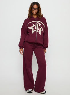 front view of model wearing Princess Polly Princess Polly Stargirl Wide Leg Sweat Pants Burgundy High Rise Pants 