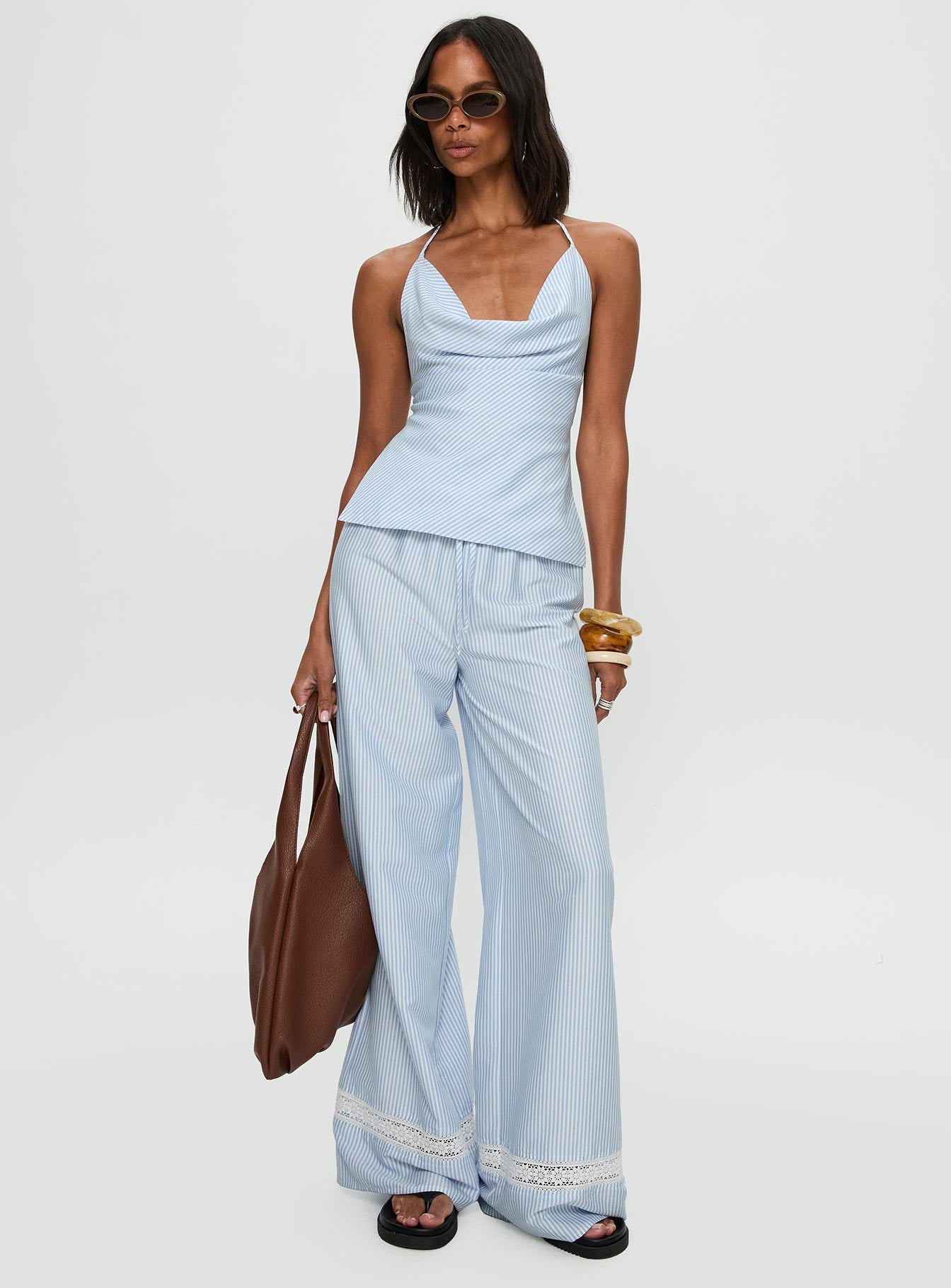 front view of model wearing Princess Polly Summer Too Hot Pant Blue Stripe High Waisted Pants 