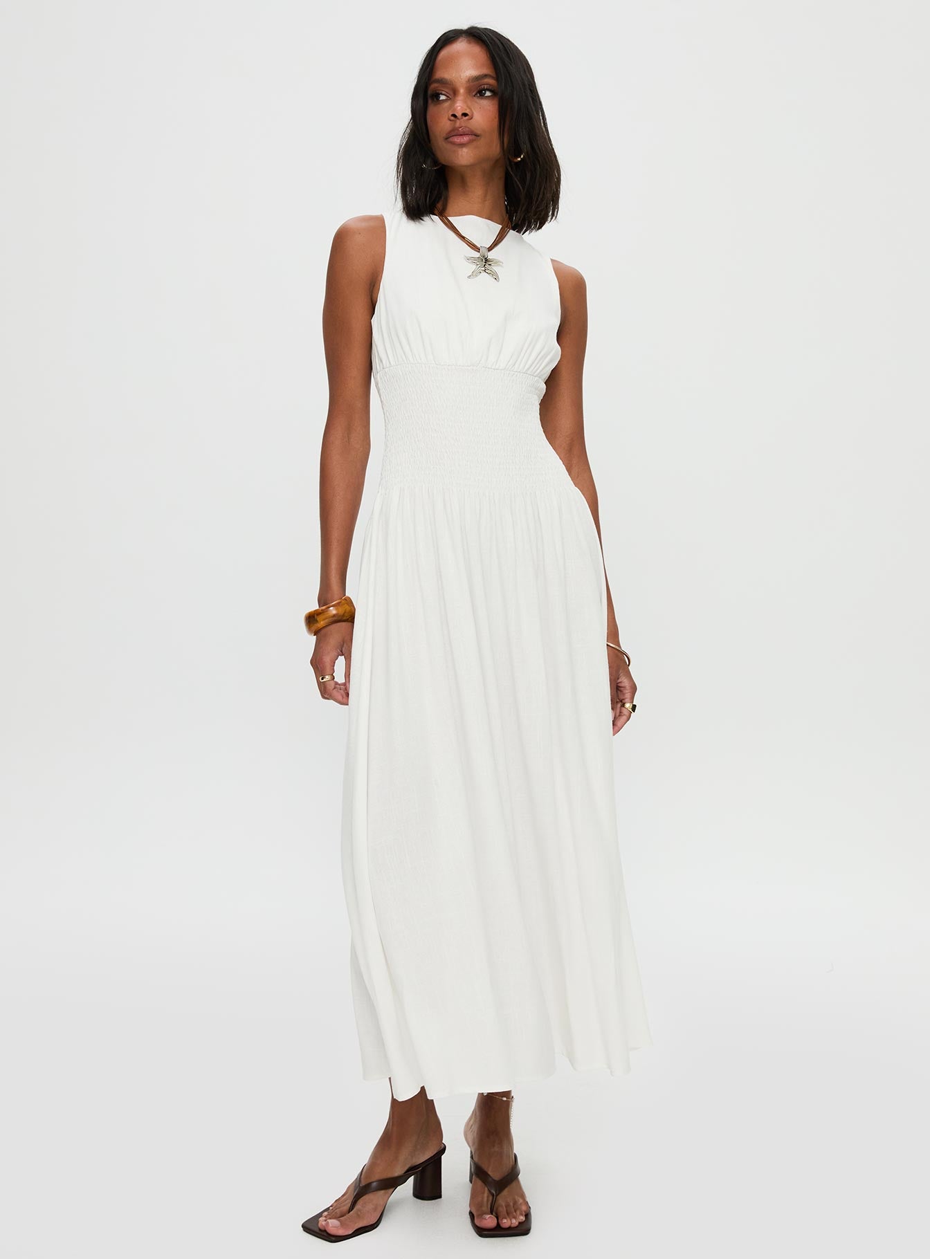 front view of model wearing Princess Polly Lilienne Shirred Maxi Dress White Crew Neck 