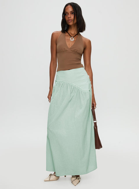   front view of model wearing Princess Polly Yasemine Maxi Skirt Green / White Maxi 