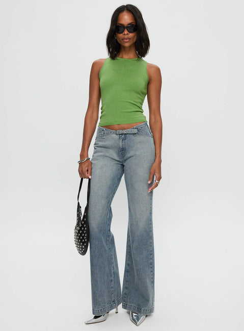 front view of model wearing Princess Polly Girl Almighty Top Green Sleeveless Crew Neck 