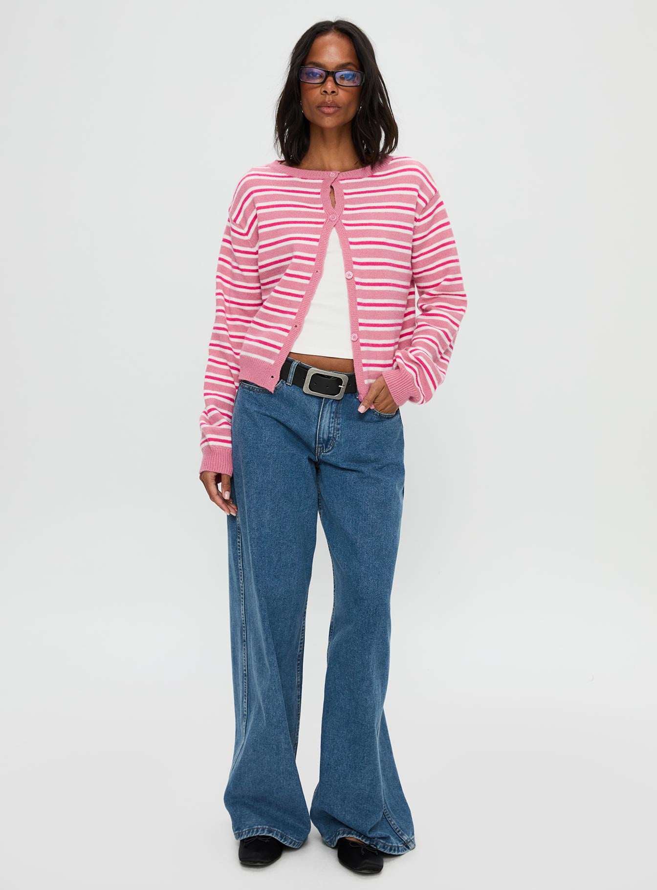 side view of model wearing Princess Polly Heavenly Dream Cardigan Pink Stripe Cropped 