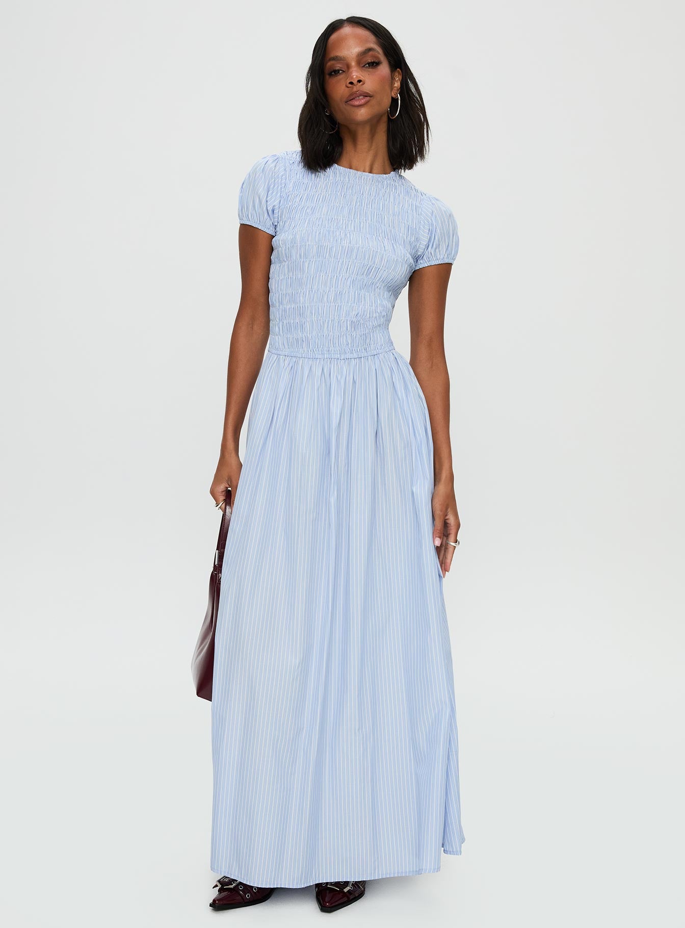 front view of model wearing Princess Polly Wendelin Shirred Maxi Dress Blue Stripe Crew Neck 