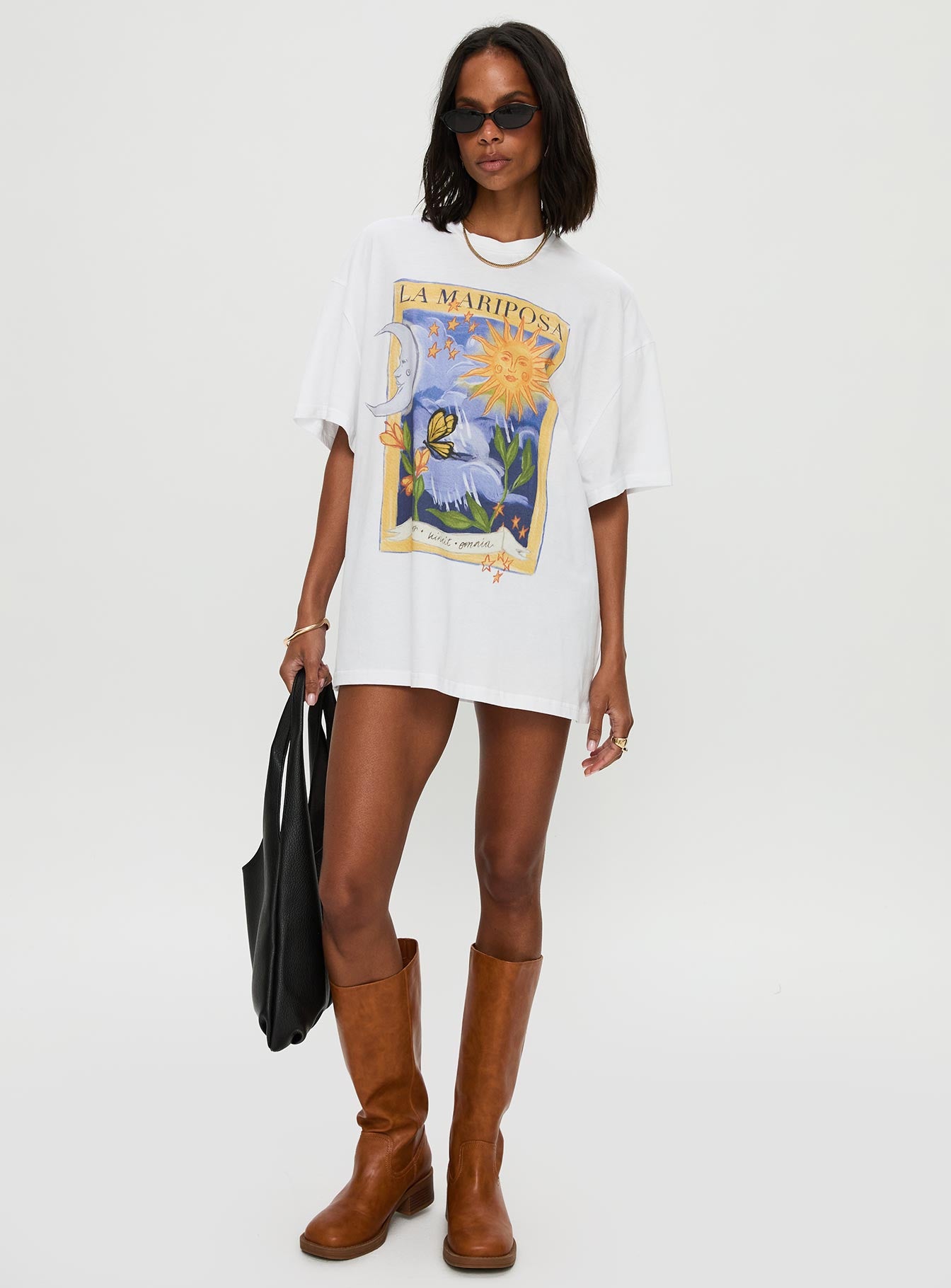 side view of model wearing Princess Polly Tarot Card Graphic Top White / Multi Half Sleeves Crew Neck 
