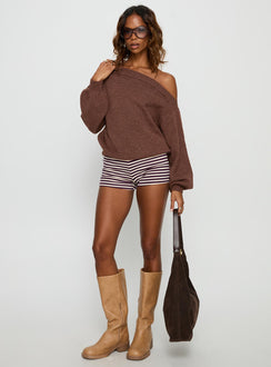 side view of model wearing Princess Polly Noble Off The Shoulder Sweater Chocolate 