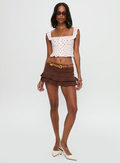 back view of model wearing Princess Polly Isadoria Frill Top White / Red Polka Sleeveless Square Neck 