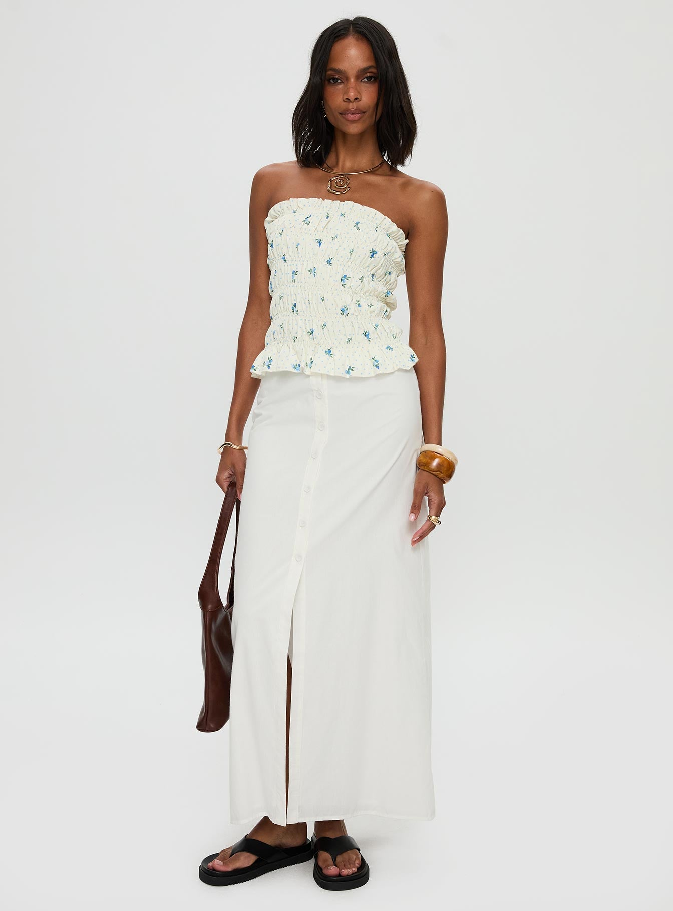   side view of model wearing Princess Polly Jasmira Maxi Skirt White Maxi 