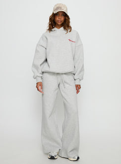 front view of model wearing Princess Polly Princess Polly Stargirl Wide Leg Sweat Pants Grey Marle High Rise Pants 