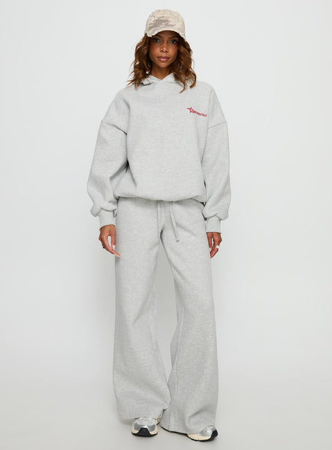 front view of model wearing Princess Polly Princess Polly Stargirl Wide Leg Sweat Pants Grey Marle High Rise Pants 