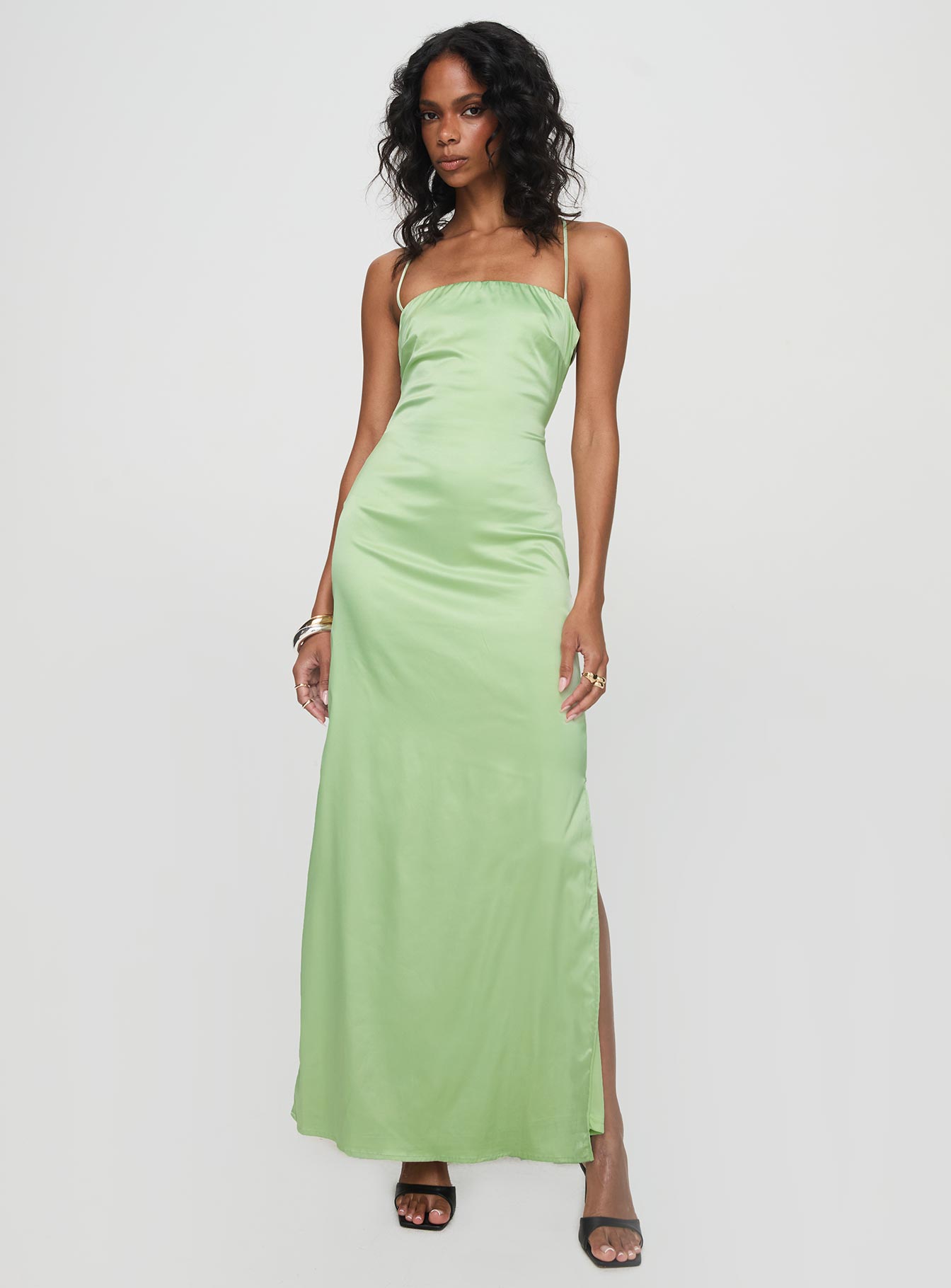front view of model wearing Princess Polly Roselyn Maxi Dress Sage Square Neck 