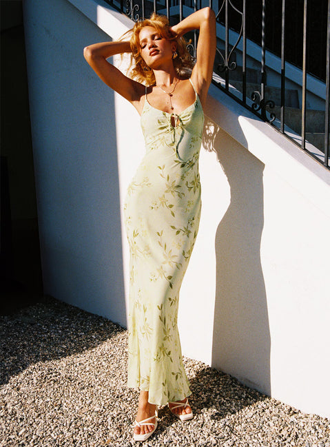 front view of model wearing Princess Polly Lauraline Maxi Dress Green / Floral Plunger 