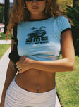 front view of model wearing Princess Polly Delorean Tee Blue Short Sleeves Crew Neck 