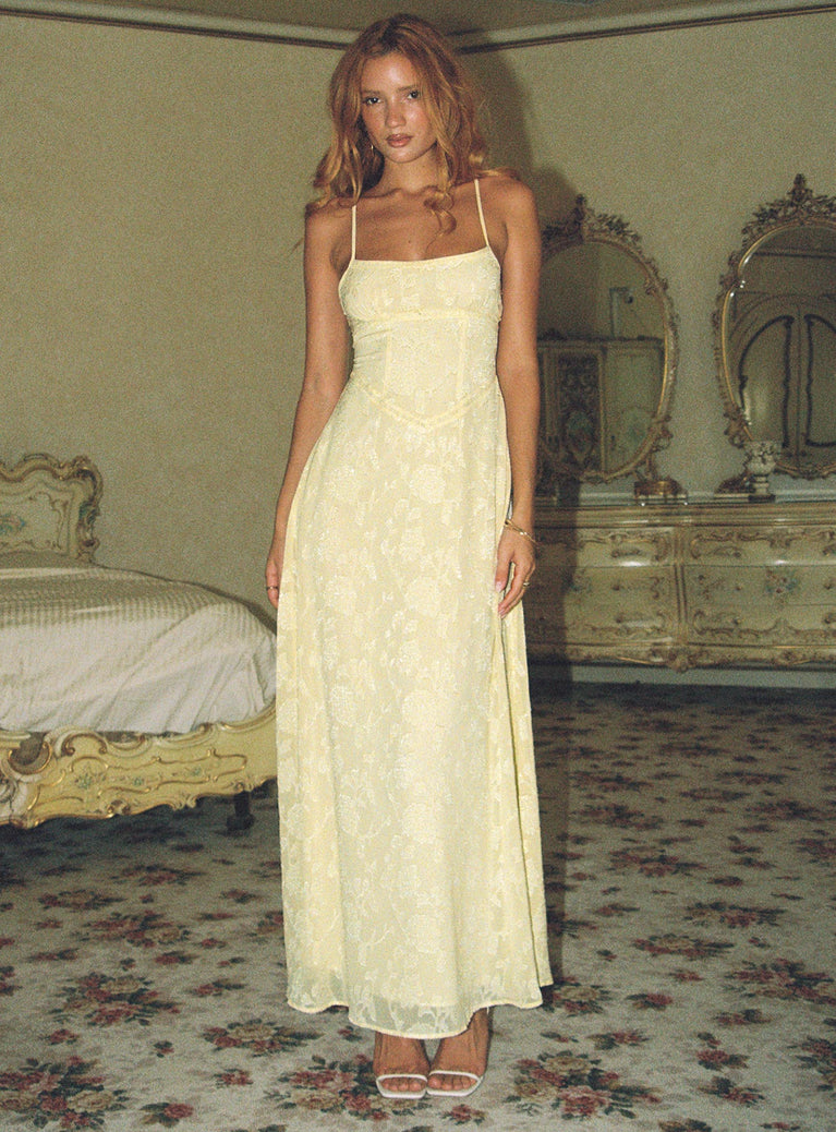 back view of model wearing Princess Polly South Of France Sheer Maxi Dress Yellow Petite Square Neck 