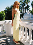 side view of model wearing Princess Polly Analuisa One Shoulder Maxi Dress Yellow Asymmetric Neckline 