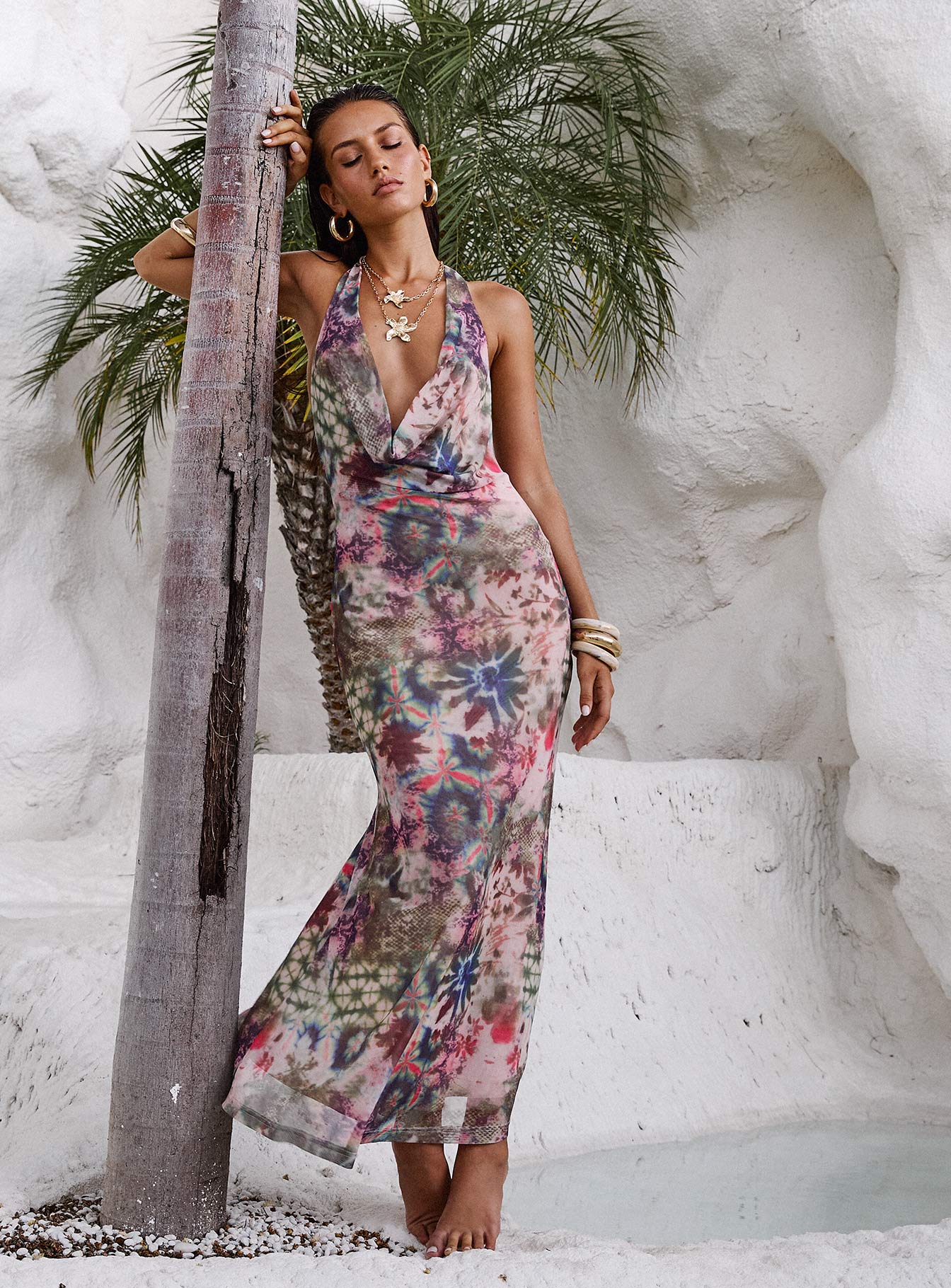 front view of model wearing Princess Polly Cassiday Halter Maxi Dress Multi Plunger 