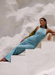 side view of model wearing Princess Polly Tourista Maxi Dress Blue Crew Neck 