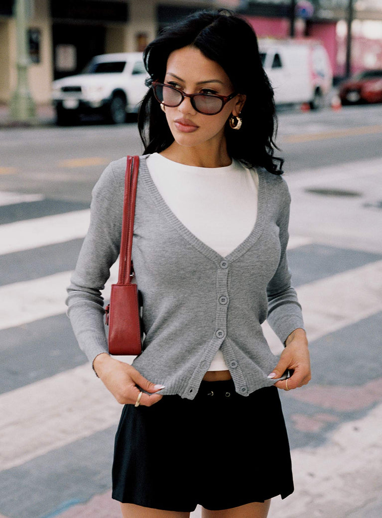 front view of model wearing Princess Polly York Cardigan Grey Marle Cropped 