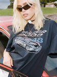 Front view of model wearing  front Princess Polly Three Fourth Sleeves High Neck  Racer 2000s Oversized Tee Slate