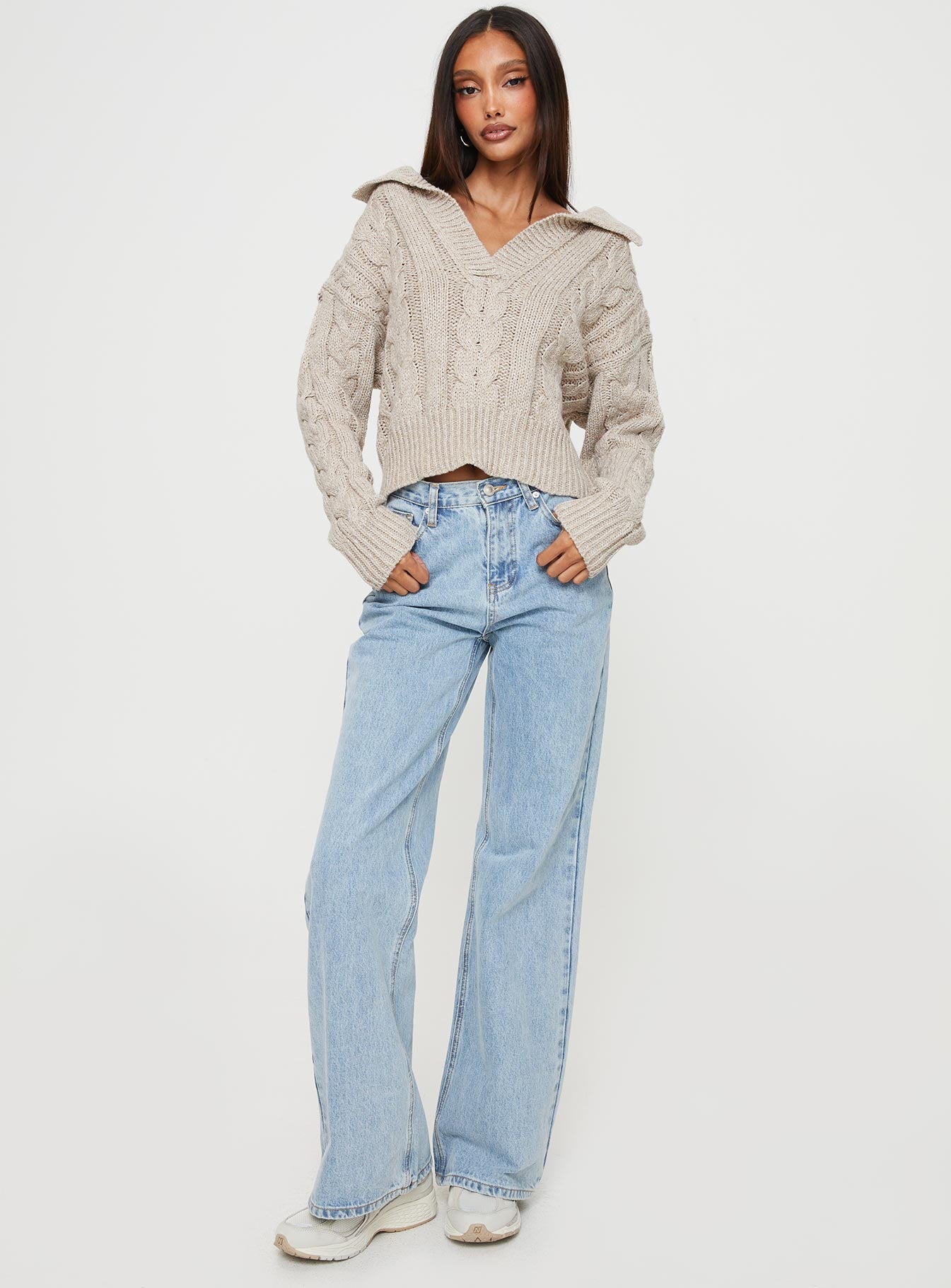 Libertee Collared Cable Sweater Beige Princess Polly  regular 