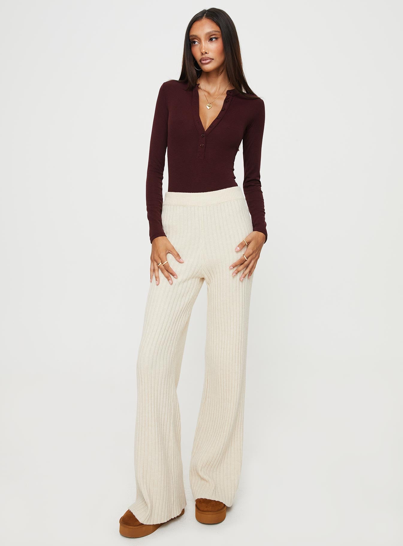 side view of model wearing Princess Polly Kandis Long Sleeve Bodysuit Burgundy Long Sleeve Tops 