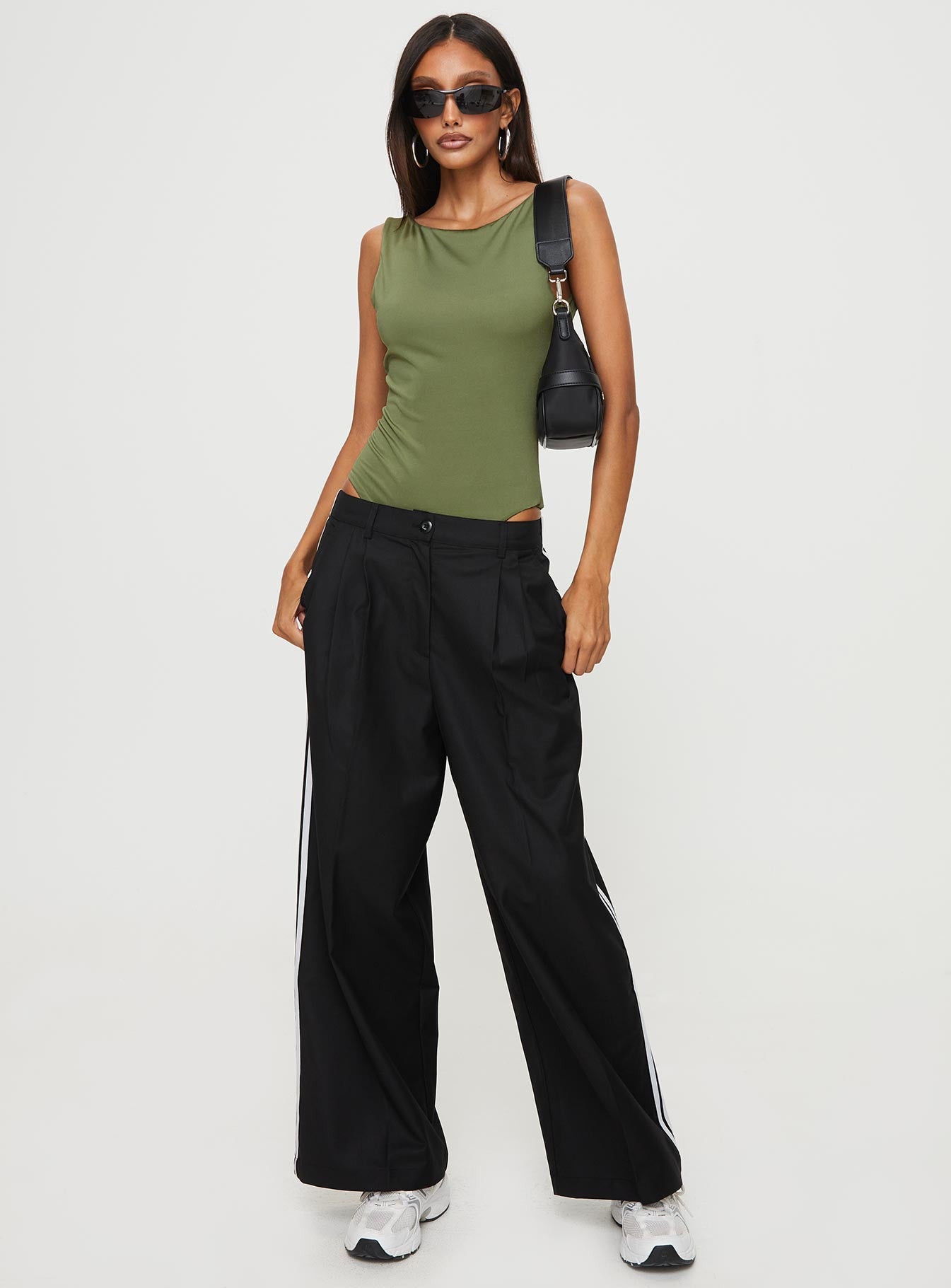 front view of model wearing Princess Polly Coomba Backless Bodysuit Green Sleeveless Boat Neck 