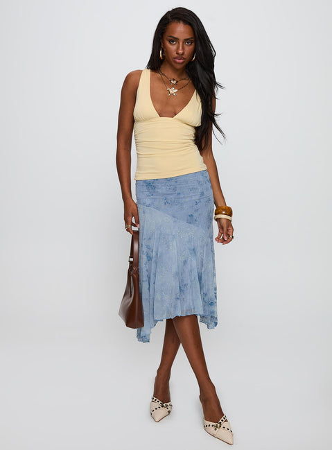   front view of model wearing Princess Polly Summer Rain Asymmetrical Midi Skirt Blue Midi Skirts 