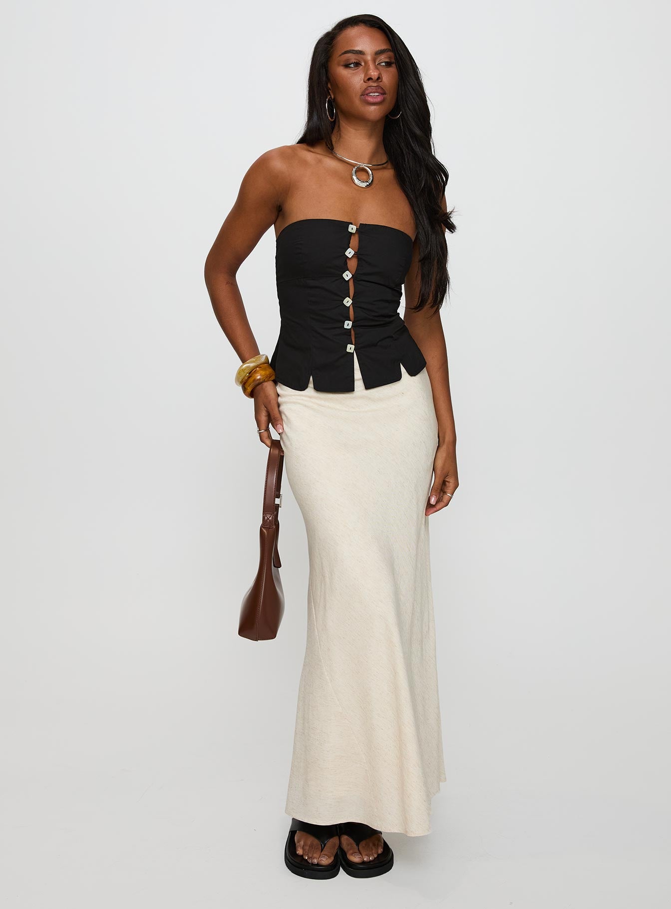 front view of model wearing Princess Polly Analeia Strapless Top Black Sleeveless straight 
