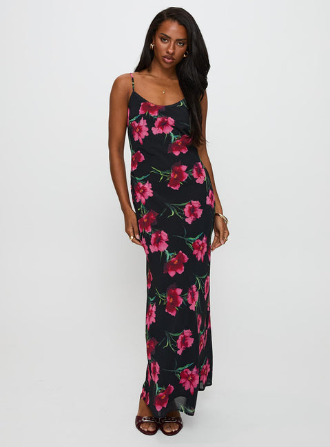 side view of model wearing Princess Polly Emorie Bias Cut Maxi Dress Multi Floral Scoop Neck 