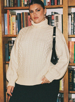 front view of model wearing Princess Polly Judson Roll Neck Cable Knit Sweater Cream Curve regular 