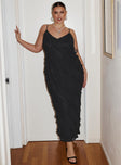 side view of model wearing Princess Polly Lars Maxi Dress Black Curve V-Neck 