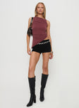 front view of model wearing Princess Polly Azera Cupro Top Burgundy Sleeveless Crew Neck 