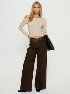 side view of model wearing Princess Polly Naylor Mid Rise Wide Leg Jeans Brown Mid Rise Jeans 