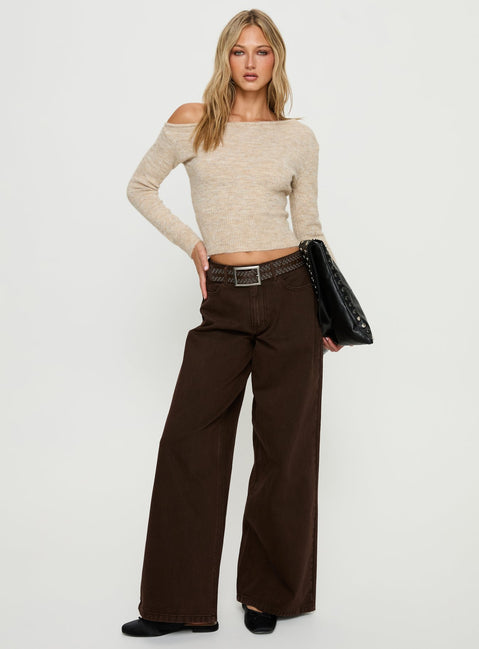 side view of model wearing Princess Polly Naylor Mid Rise Wide Leg Jeans Brown Mid Rise Jeans 