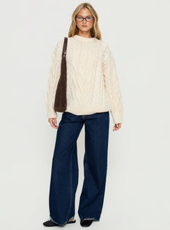 front view of model wearing Princess Polly Rorey Cable Knit Crew Neck Sweater White Longline Jumpers 