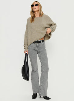 side view of model wearing Princess Polly Ramy Wide Neck Knit Sweater Olive Cropped Jumpers 