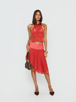   front view of model wearing Princess Polly Legacy Midi Skirt Tomato Polka 