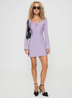 side view of model wearing Princess Polly Sorrento Long Sleeve Mini Dress Purple Scoop Neck 