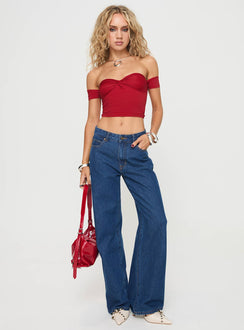 front view of model wearing Princess Polly Larisha Off The Shoulder Top Red Short Sleeves Sweetheart 