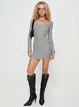 front view of model wearing Princess Polly Tomas Long Sleeve Mini Dress Grey Square Neck 