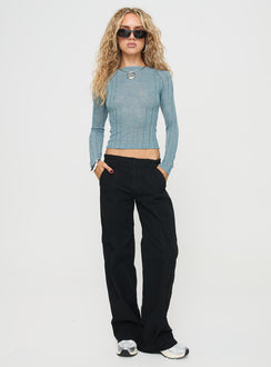 front view of model wearing Princess Polly Oriton Long Sleeve Top Blue Full Sleeves Crew Neck 