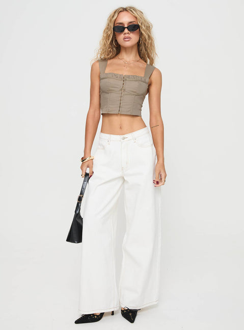 front view of model wearing Princess Polly Sunshining Top Sage Sleeveless Square Neck 