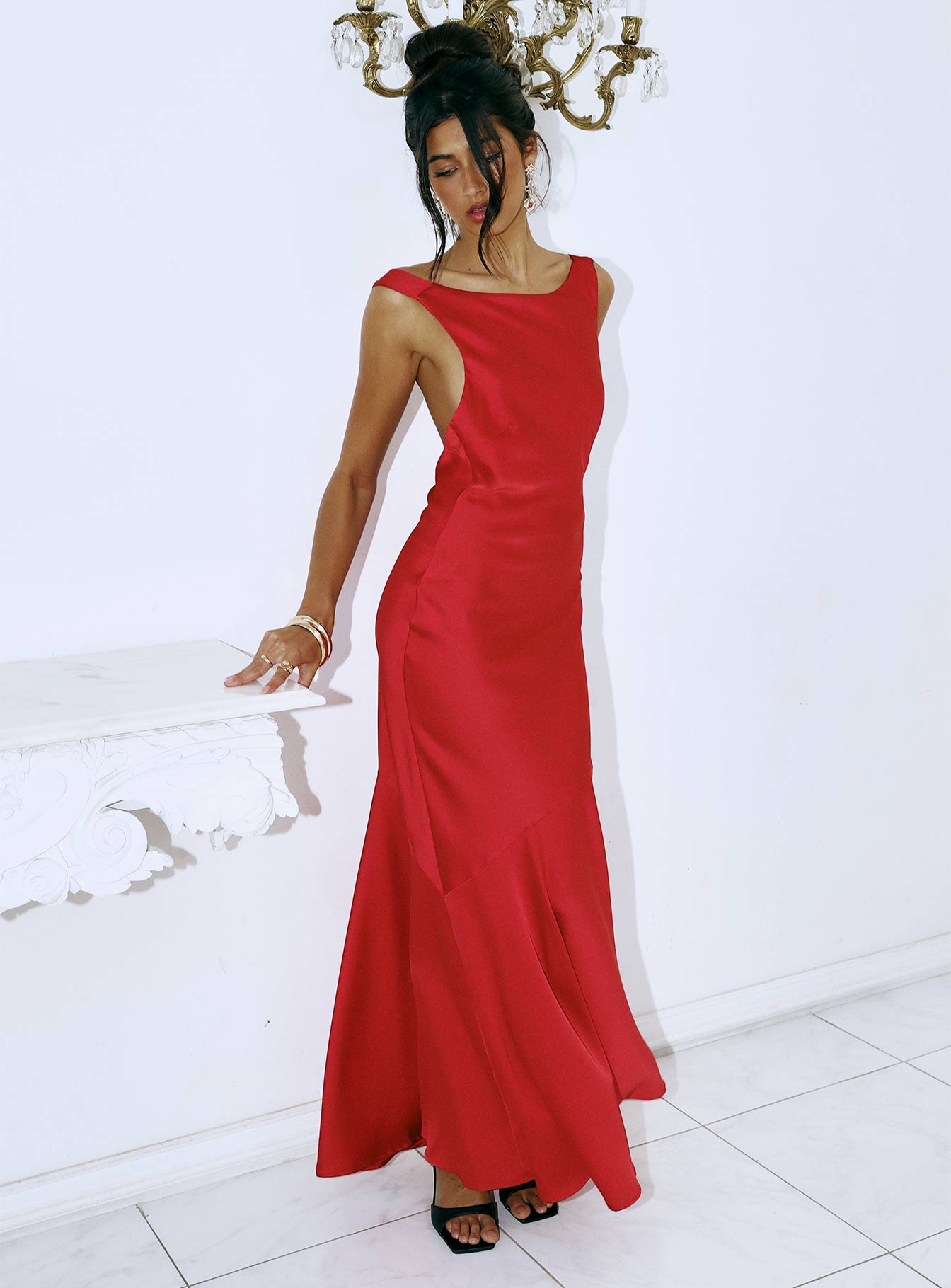 side view of model wearing Princess Polly Forbidden Feelings Maxi Dress Red Boat Neck 