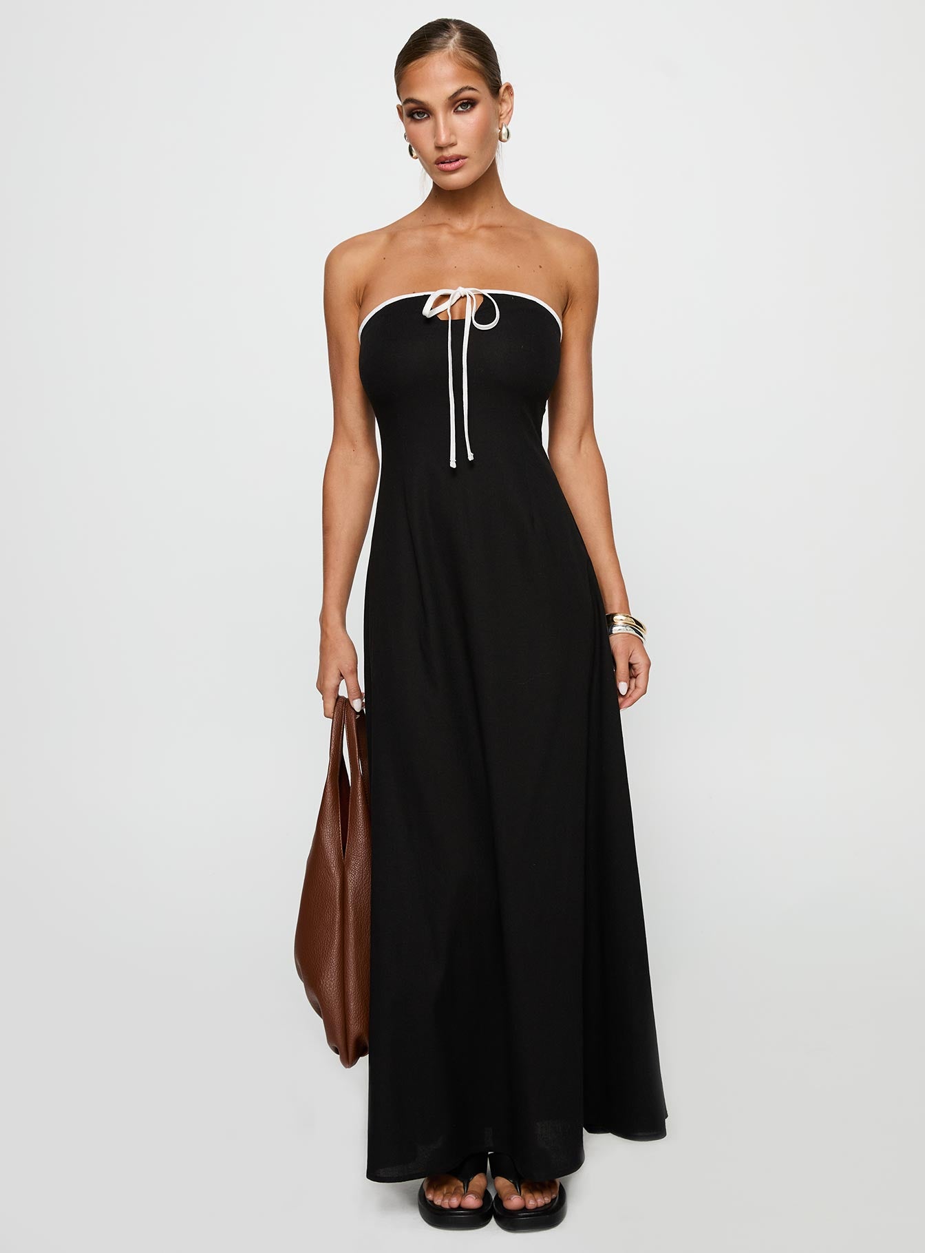 side view of model wearing Princess Polly Bijou Strapless Maxi Dress Black Straight Neck 