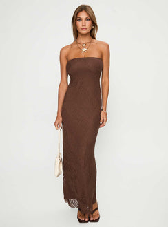 front view of model wearing Princess Polly Majorca Strapless Maxi Dress Chocolate Straight Neck 