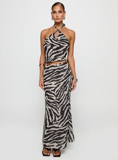   front view of model wearing Princess Polly Eleganza Maxi Skirt Zebra Maxi 