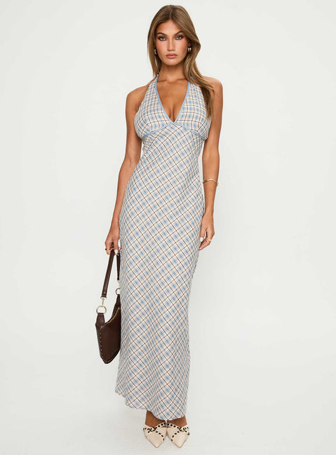 front view of model wearing Princess Polly Evienna Halter Maxi Dress Blue Check Plunger 
