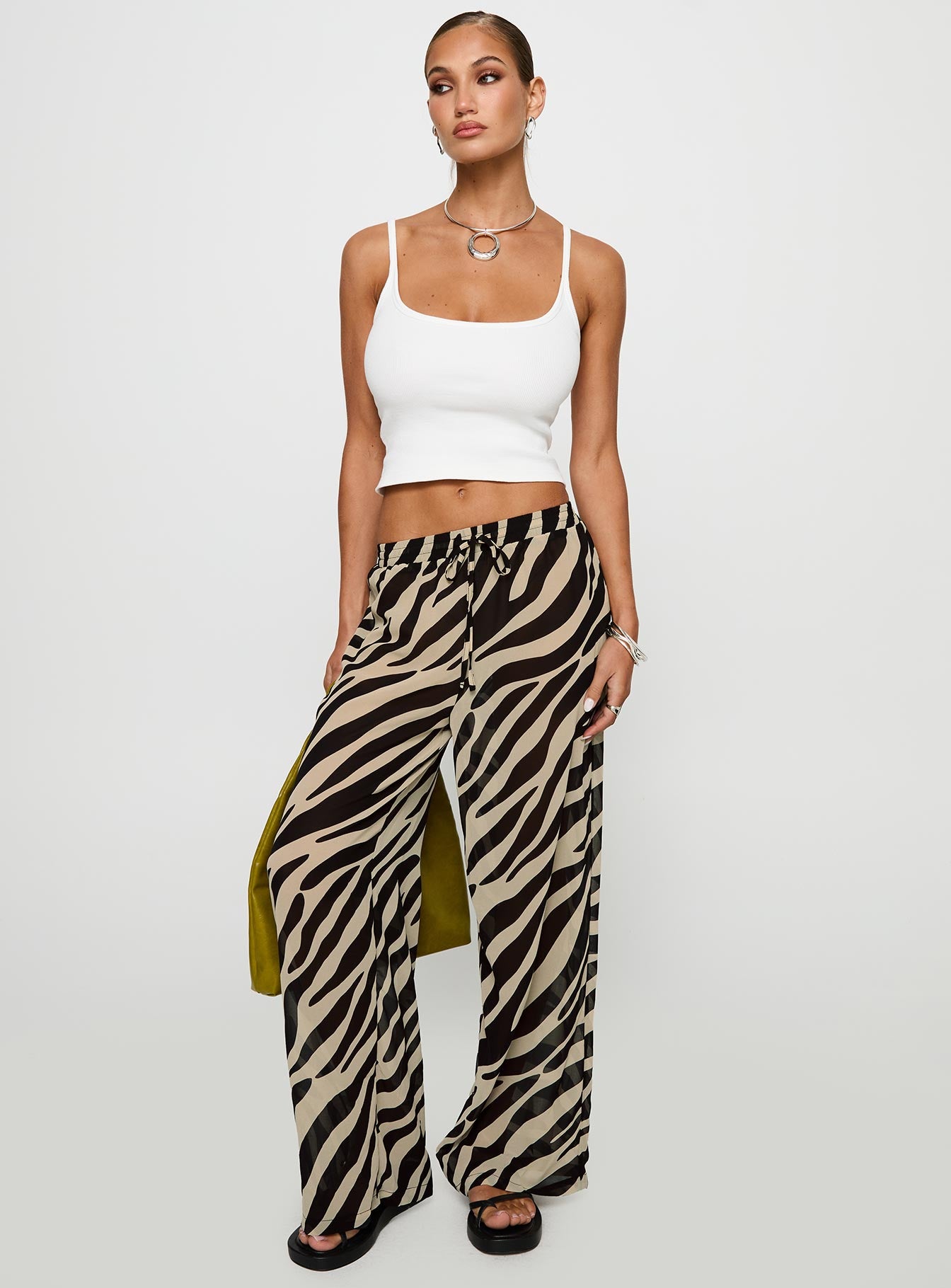 front view of model wearing Princess Polly Fyre Wide Leg Pant Zebra Low Rise Pants 